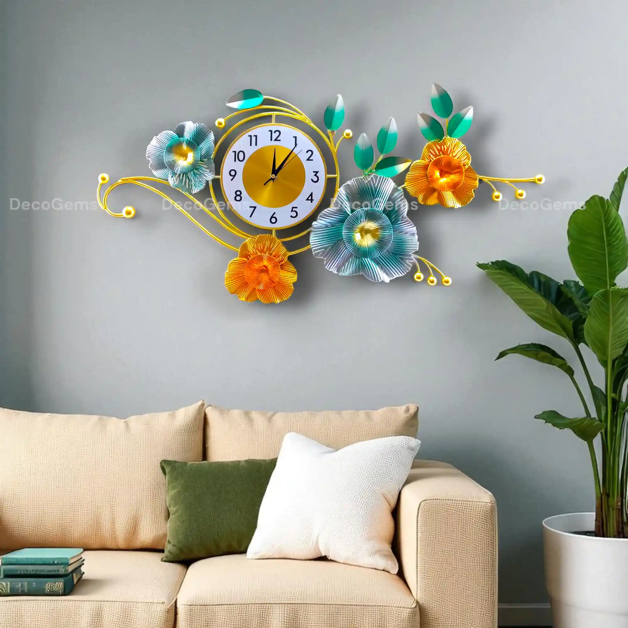 Green Leaf & Floral Wall Décor Clock- 17599