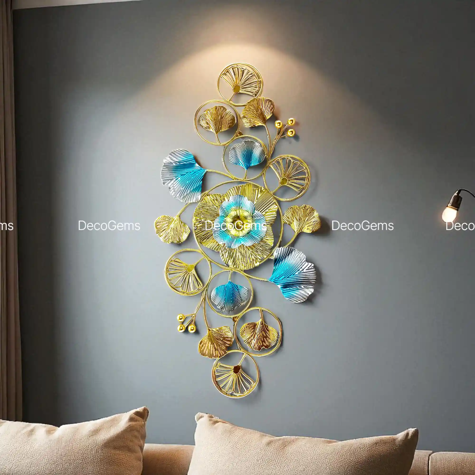 Golden-Blue Leaf Horizontal Metal Wall Décor - 17648