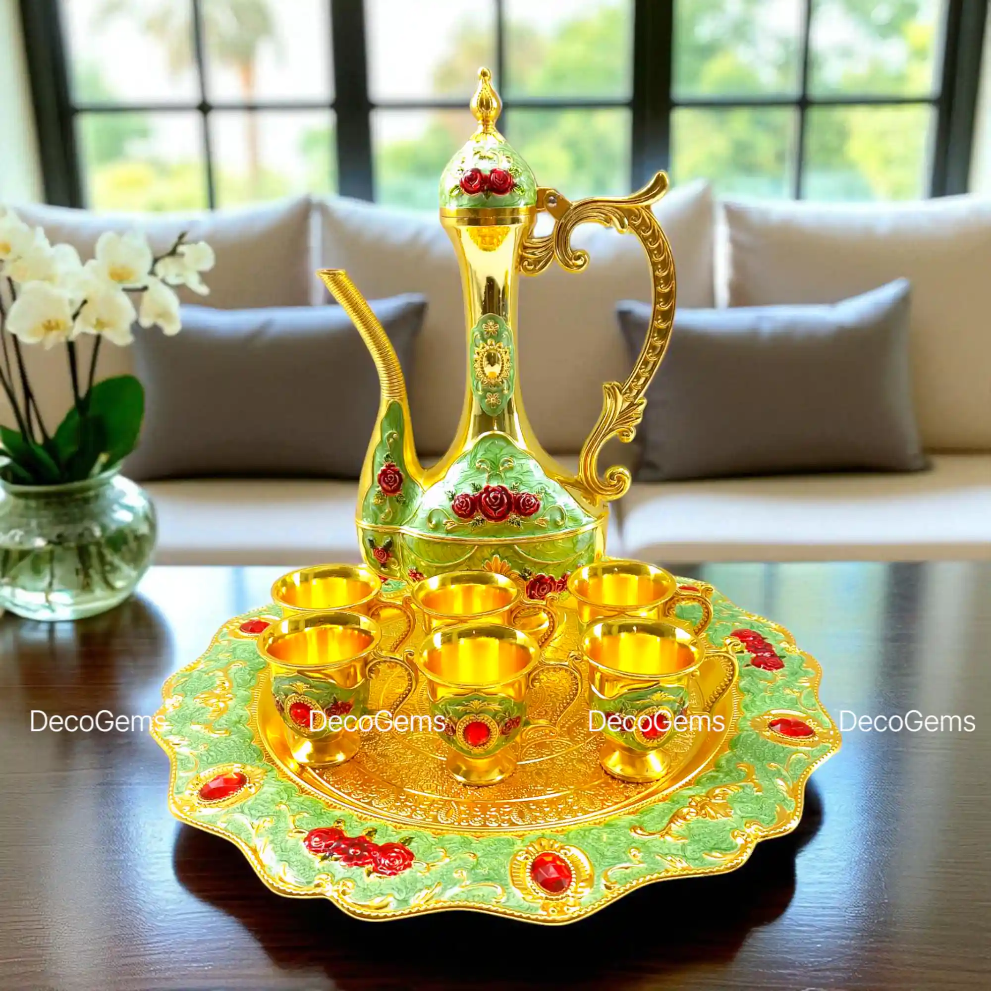 Red Stone-Floral & Green Designed Turkish Surai Set- 16983