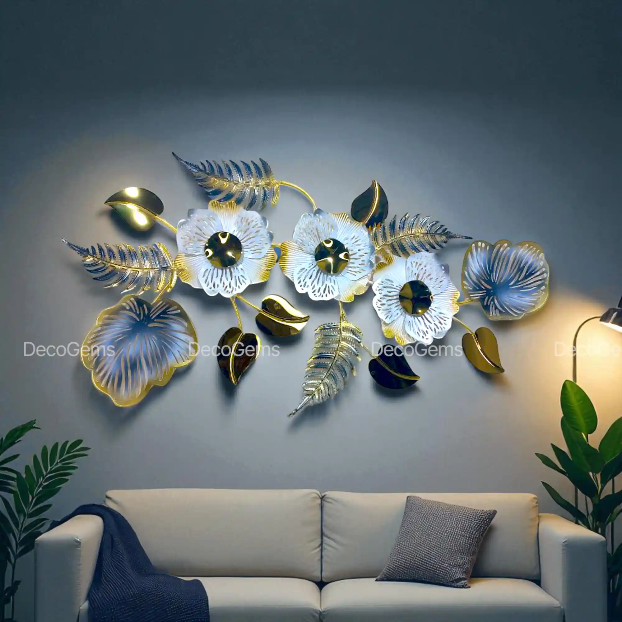Glossy Leaves with Flower Decorative Metal Wall Art